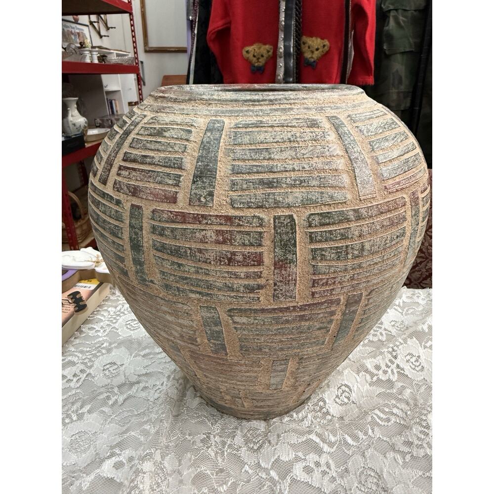 Vintage Handmade Pottery Vase 11” Tall Earth Tone Neutral Southwestern Decor